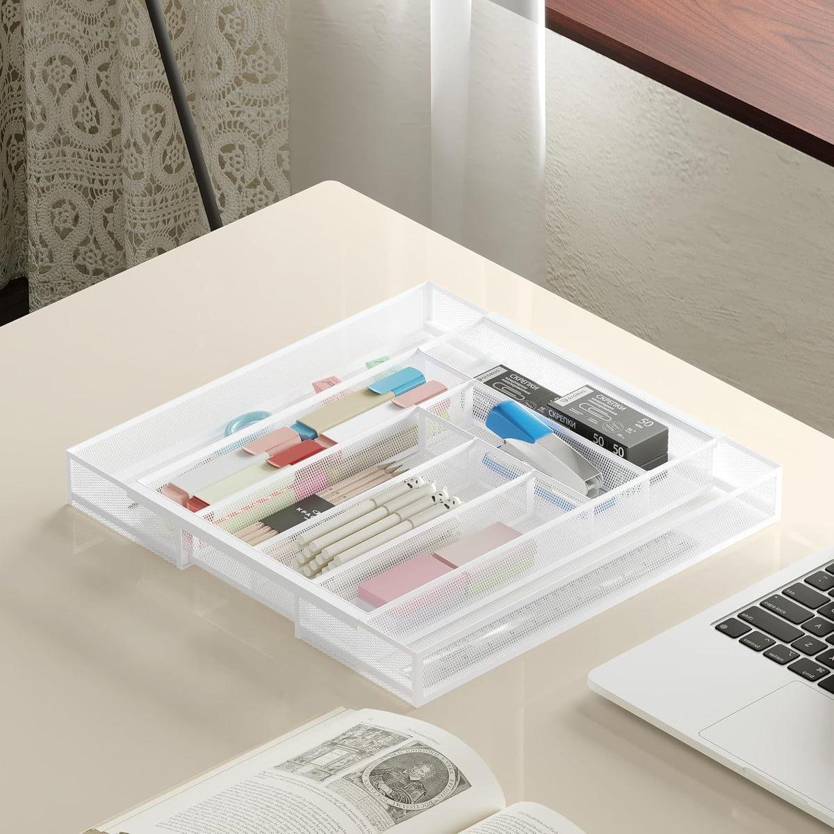 Sedegn mesh silverware tray for drawer: 6 Compartments for Easy Sorting | Sized at 11.3" x 16" for kitchen drawers with non-slip feet, metal mesh design for easy cleaning, organizing flatware Black