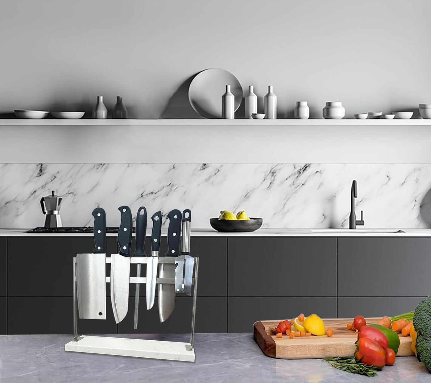 Magnetic Knife Block with Acrylic Shield - Marble Based Double Side Magnetic Knife Stand - Kitchen Magnetic Knife Holder - Knife Storage - Knife Holders for Counter Top - Black