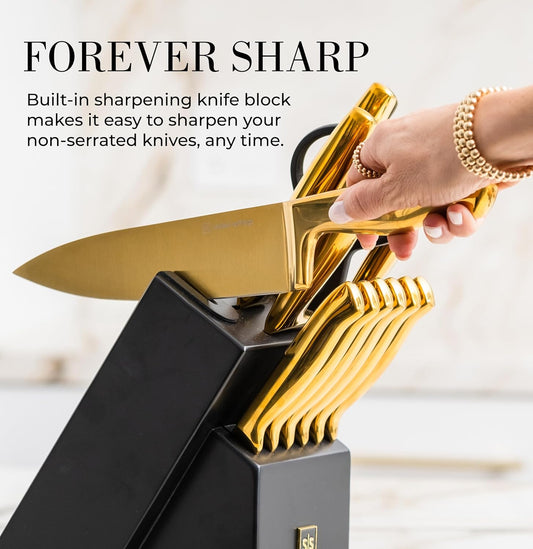 Gold Knife Set with Block & Built-In Sharpener – 14-Piece Full Tang Kitchen Knives Set – Gold Knives Set with Self-Sharpening Block, Titanium Knife Set with Black Block