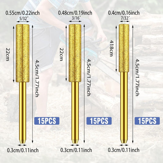 45 pcs Diamond Chainsaw Sharpener Bits, High Hardness Sharpening Stone, Plated Chainsaw Sharpening Kit for Chain Saw Stone Jewelry Wood(5/32", 3/16", 7/32")