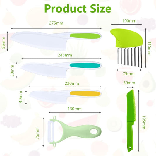 Montessori Kitchen Tools,6Pieces Knives for Kids Nylon Kids Safe Cooking Knives Serrated Edges,Y Peeler For Cooking and Cutting Fruit,Suitable for Children and Beginners