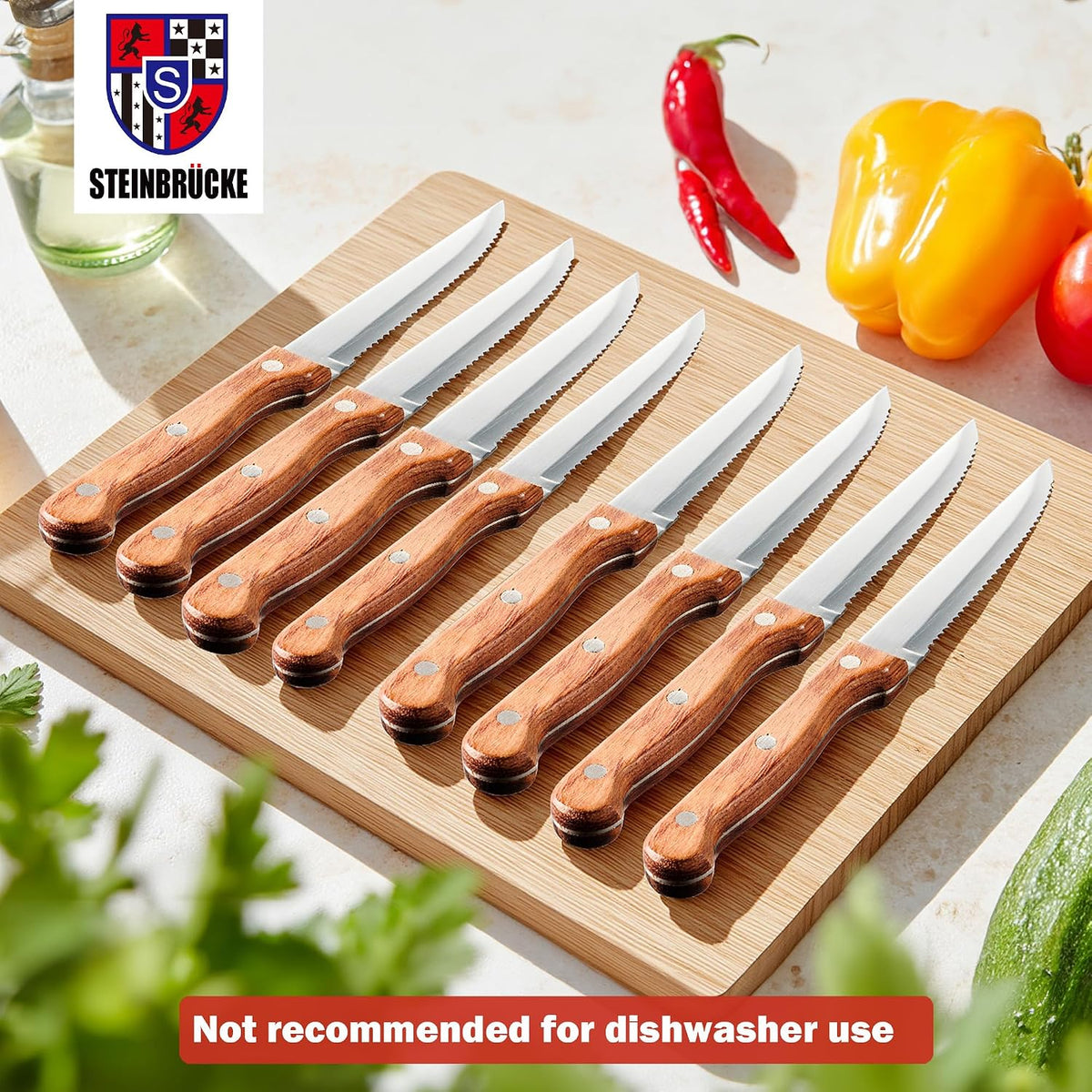 Steak Knife Set - Steak Knife with Wooden Handle, Knives Set for Kitchen, Serrated Steak Knives Set of 8, Classic Full Tang Design, 5Cr15Mov Stainless Steel Blade