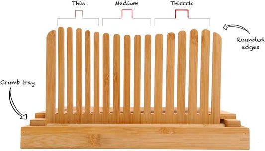 Bamboo Bread Slicer with Crumb Tray Bamboo Bread Cutter for Homemade Bread, Loaf Cakes, Bagels Slicer, 3 Slice Sizes, Adjustable, Compact, Foldable