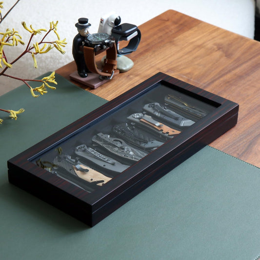 Knife Display Case for 8 Pocket Knives - Pocket Knife Case Storage Box for Men's Gift - Knife Cases for Collections with Ebony Finish and Glass Window Top