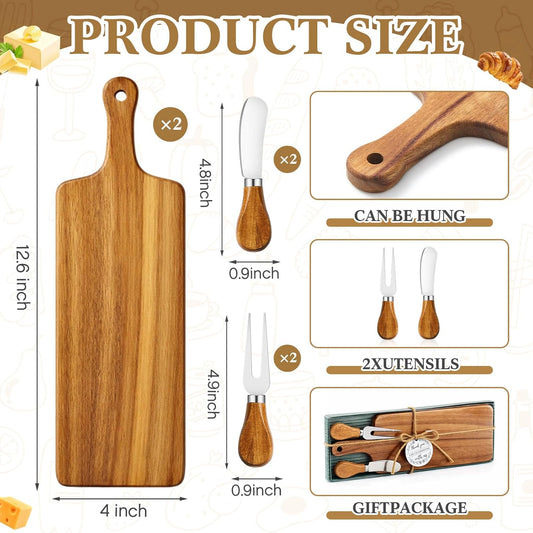 2 Sets Bridal Baby Shower Prizes Wooden Square Cheese Board Gift Set Knives Forks Thank You Tags with Box for Guests for Bridal Baby Shower Wedding Housewarming (Acacia Color)