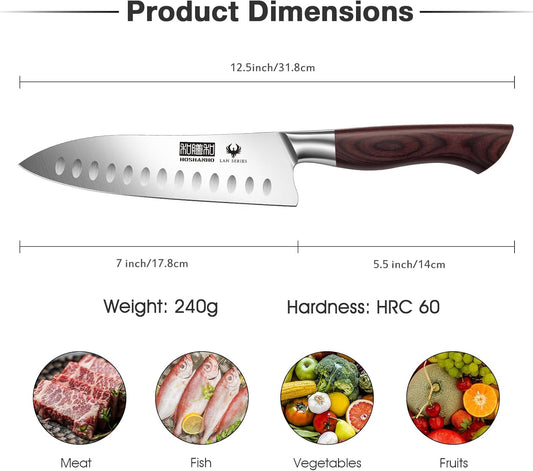 7" Chef Knife,Razor-Sharp Santoku Knife with Ergonomic Wood Handle | Professional Kitchen Cooking Knife with Japanese High Carbon Steel,15° Edge & 60 HRC Blade, Ergonomic Grip Design, Ideal Gift