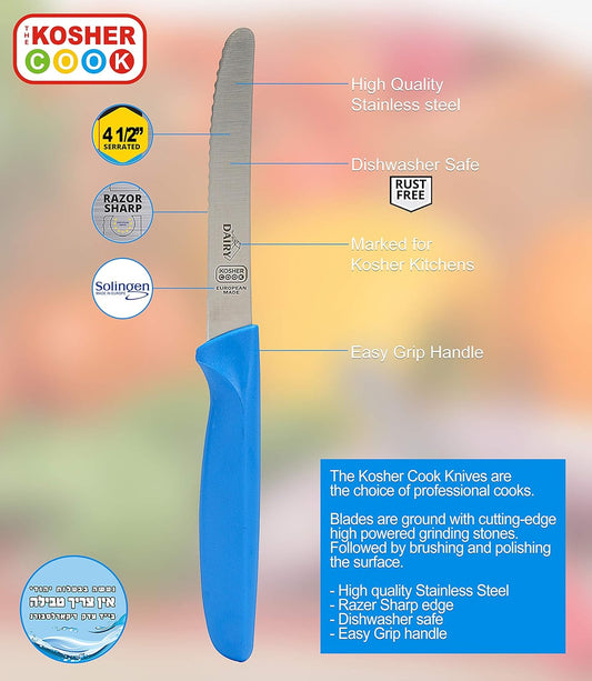 Dairy Blue Kitchen Knife - 4.5” Steak and Vegetable Knife - Razor Sharp Curved Tip, Serrated Edge - Color Coded Kitchen Tools