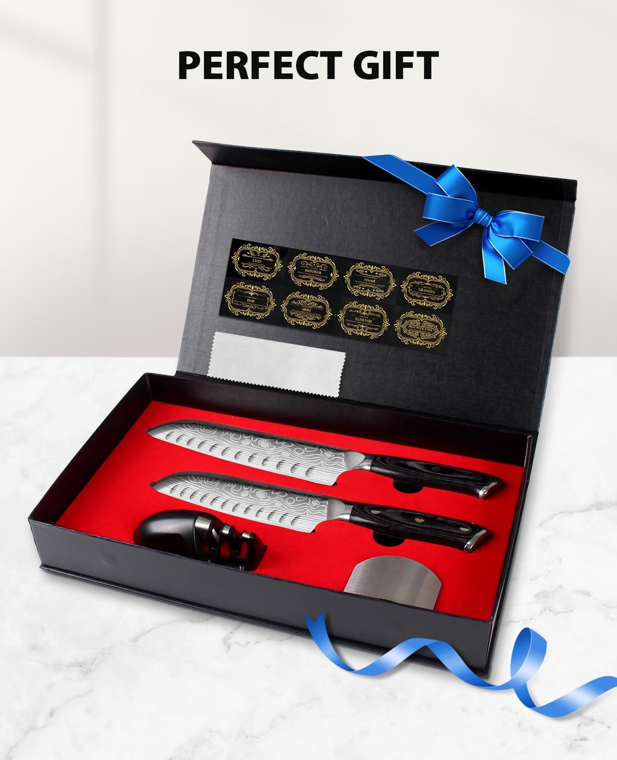 Kitchen Knife Set, 5.5in+7in Santoku Knives, High-Carbon German EN1.4116 Stainless Steel, Sharp Cooking Knives, Kitchen Knifes and Knife Sharpener, Finger Protection Gift Box