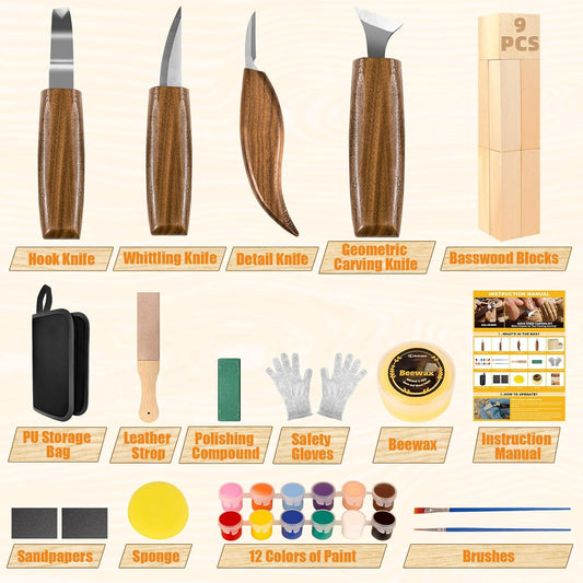 Wood Carving Kit, 36Pcs Wood Carving Tools with Paint and Beewax, Wood Whittling Kit with 4Pcs Whittling Knives & Storage Bag for Beginners and Enthusiasts