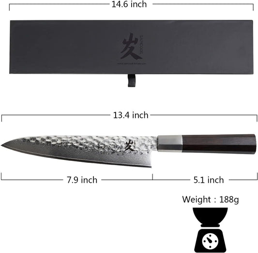 Japanese Chef Knife - 8 Inch Professional Hammered Finish Damascus Gyuto Knife, Damascus High Carbon Steel Kitchen Cooking knife,Ergonomic Octagonal Ebony Handle with Gift Box