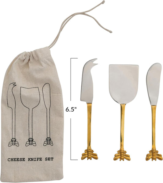 3-Piece Stainless Steel Cheese Knives with Bee Handles, Gold