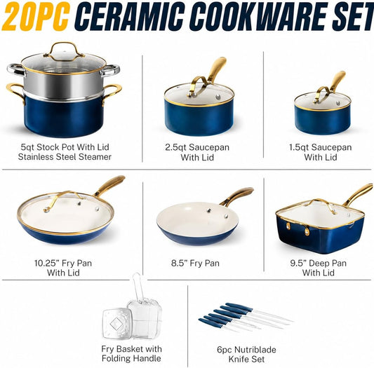 20pcs Pots and Pans Set Non Stick Ceramic Cookware Set with Deep Frying Pan Set & 6pc Knife Set, Improved Ti-Cerama Coating Made without PFOA PFOS Lasts 2x Longer, Oven & Dishwasher Safe