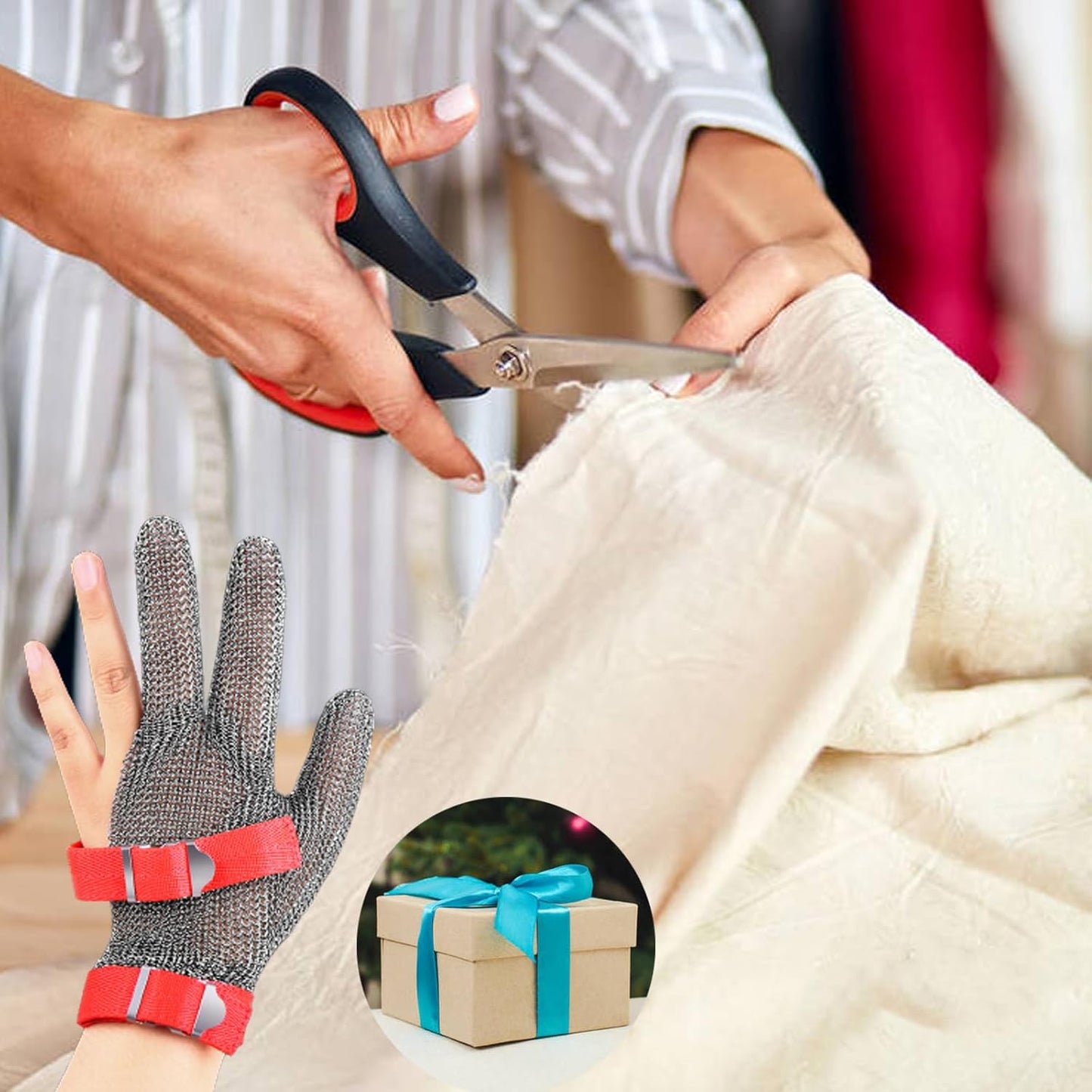 3-Finger Chainmail Protective Glove, Stainless Steel Metal Cut Resistant Glove with Fabric Cuff, Safety Work Glove