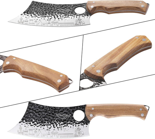 3 PCS Butcher Knife Set, 7" Butcher Meat Cleaver, 7" Serbian Chef Knife and 6.5" Viking Knife, Stainless Steel Cooking Cutting Kitchen Knife Set with Wood Handle, Great for Home, Camping, BBQ