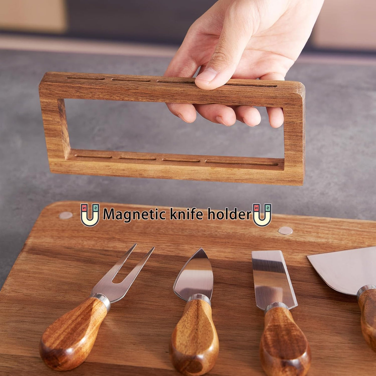 Acacia Wood Charcuterie Board, Cheese Board Set with Magnetic Knife Holder, 14"x 11" Large Serving Tray for Meat, Ideal Gift for Anniversary, Christmas, Thanksgiving, Wedding, Halloween