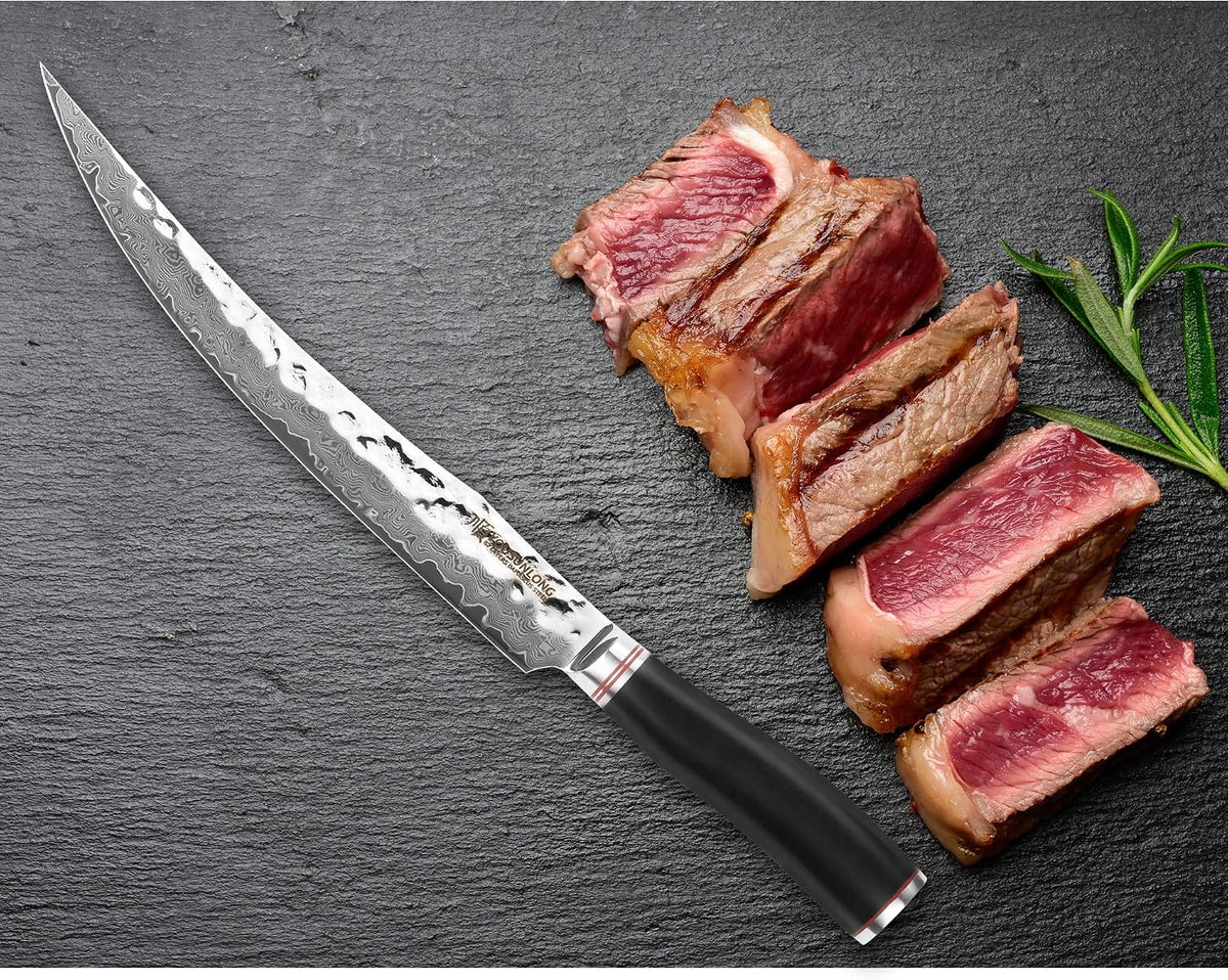 Slicing & Carving Knife -10''(25.4cm) - Damascus Steel - Japanese Hammered Super Steel - Razor Sharp - Italian Olive wood Handle With Leather Sheath -Ham Slicer- Slicing Cleaver