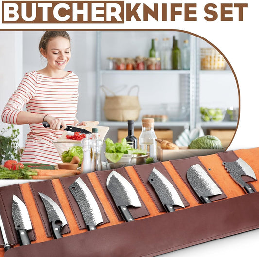 Golden Bird 13PCS Butcher Knife Set for Meat Cutting with Roll Bag | Japanese Chef Knife Set with Sharpening Rod, Hand Forged Cooking Knives for BBQ Camping Kitchen, Gifts for Men Women