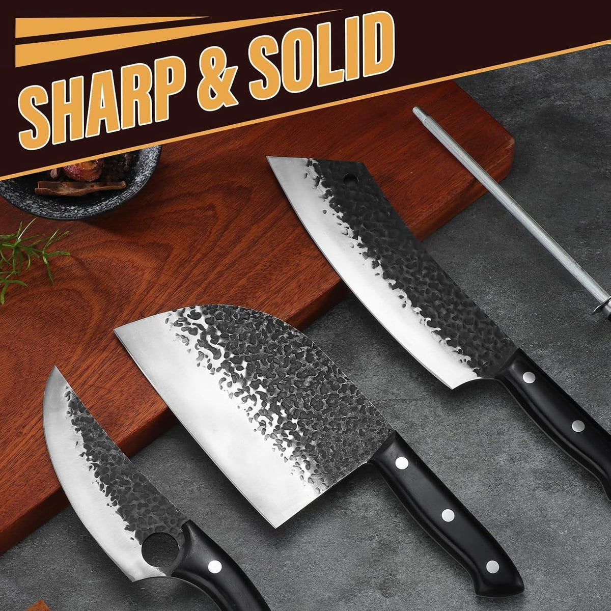 Golden Bird 13PCS Butcher Knife Set for Meat Cutting with Roll Bag | Japanese Chef Knife Set with Sharpening Rod, Hand Forged Cooking Knives for BBQ Camping Kitchen, Gifts for Men Women