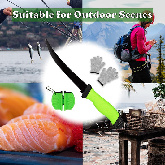 Fillet Knife, 7 Inches Professional Filet Knife for Fish, Stainless Steel Blade Fishing Knifes with Sharpener and Cutting Resistant Gloves, Fishing Stuff, Fishing Accessories, Green