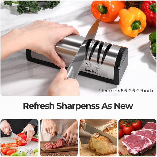 Knife Sharpener, Professional 2 Stage Electric Knife Sharpener for Quick Sharpening & Polishing, with Scissors Sharpener and Metal Dust Collection Box, Stainless Steel, Silver