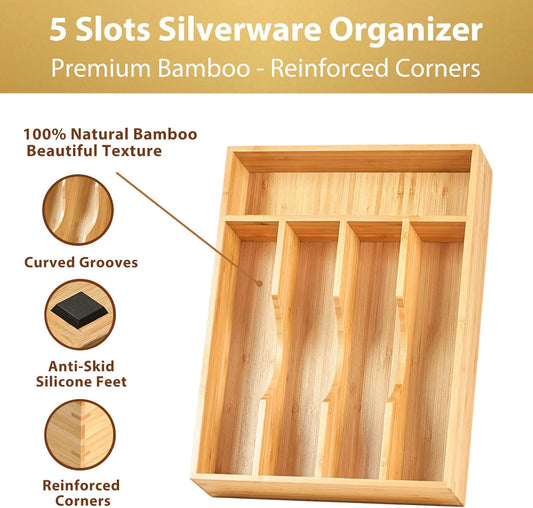 Bamboo Kitchen Drawer Organizer, 9 Inch Silverware Utensils Tray Holder for Small Drawer, Wood Caddy for Flatware Cutlery Knives