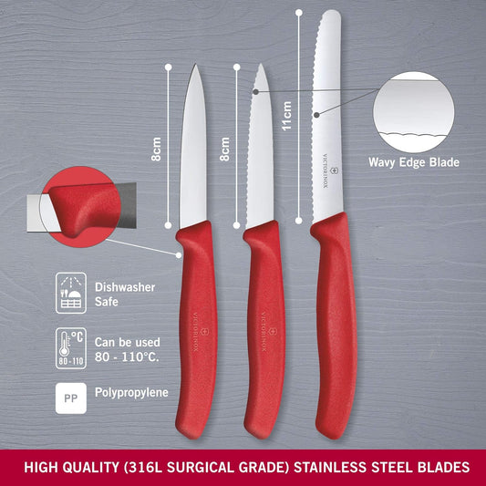 Swiss Classic Paring Knife Set, Set of 3, Straight Edge, Extra Sharp, Robust Plastic Handle, Red