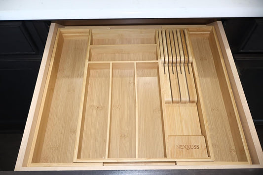 Bamboo Kitchen Drawer Organizer, Expandable Utensil Organizer with Removable Knife Block, Cutlery Tray Holder with Divider, Adjustable Silverware Organizer, Wood Tableware Dividers Storage