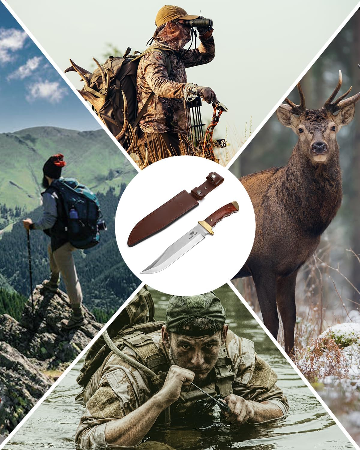 14-inch Bowie Knife, Hunting Knife with Wood Handle