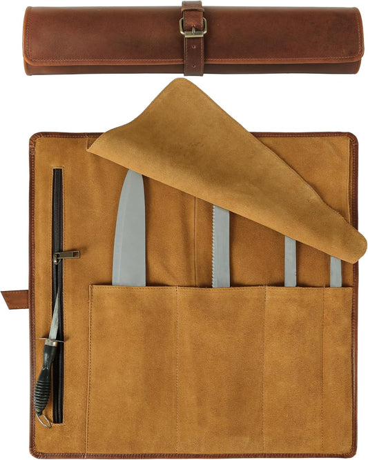Premium Buffalo Leather Chef Knife Roll – 17.5″ × 17.5″ Knife Storage Bag with 4 Slots, Suede Lining, Brass Buckle & Zipper Pouch – Portable Travel Case for Chefs & Culinary Students