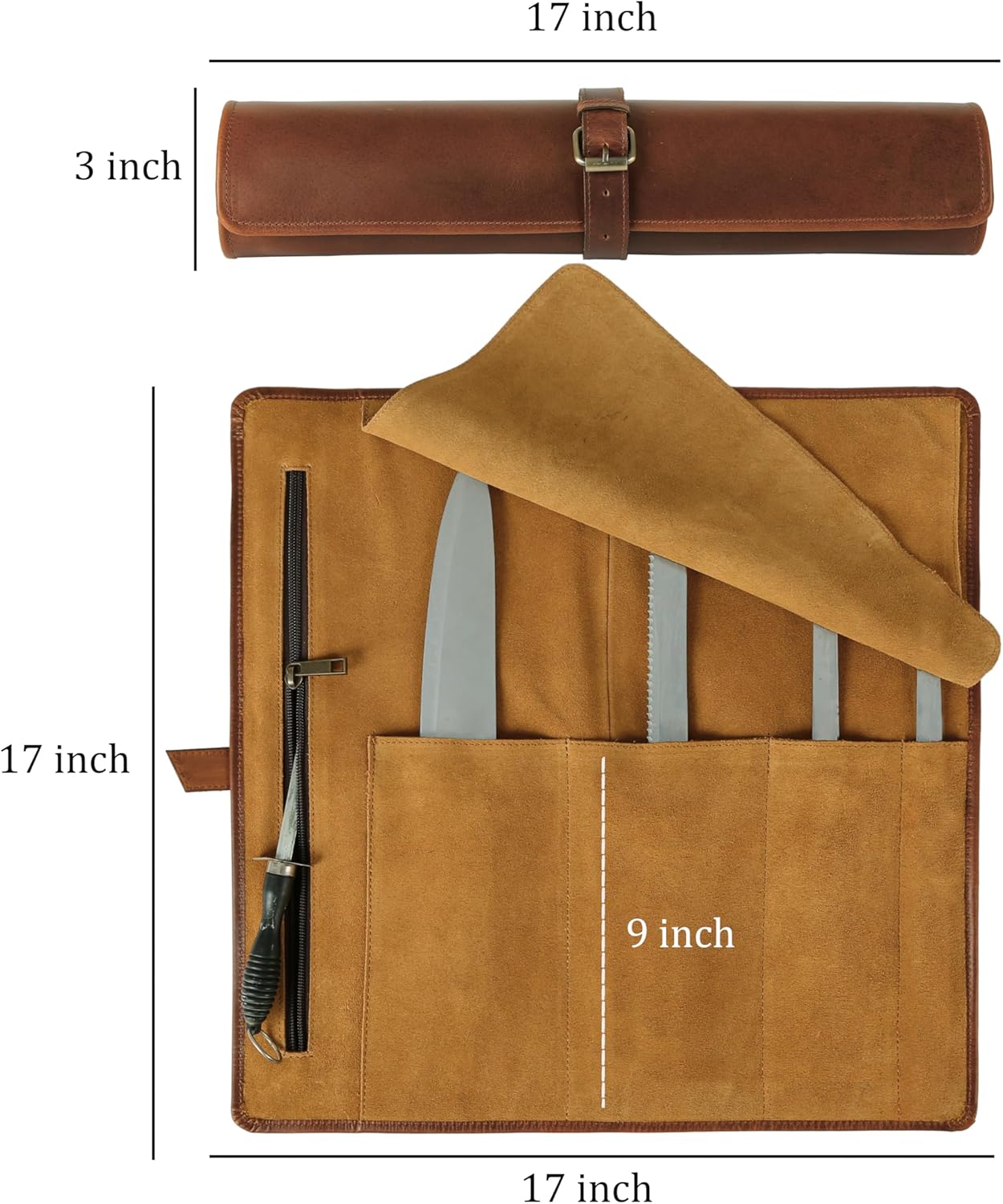 Premium Buffalo Leather Chef Knife Roll – 17.5″ × 17.5″ Knife Storage Bag with 4 Slots, Suede Lining, Brass Buckle & Zipper Pouch – Portable Travel Case for Chefs & Culinary Students