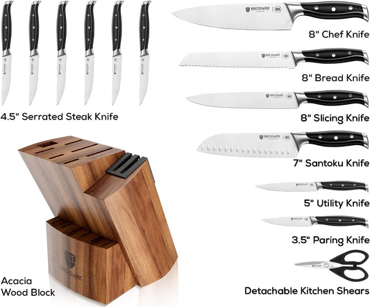 15Pcs High Carbon Stainless Steel Knife Set with Block, Ultra Sharp | Premium German Steel Kitchen Knives with Sharpener, Ergonomic Black Handle, Acacia Wood Block, Elegant Gift for Home Chefs