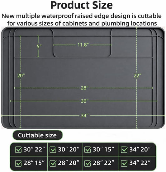 Under Sink Mat for Kitchen Waterproof, 34x22 Inches with Smaller Cut - Flexible Silicone Under Sink Liner, Kitchen Bathroom Cabinet Organizer for Drips Leaks (Grey, 34" L x 22" or Smaller)