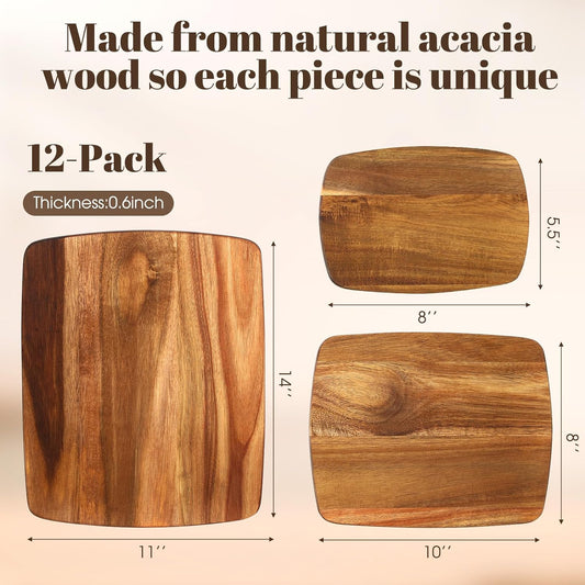 12 Pcs Thick Acacia Wood Cutting Boards for Kitchen Reversible Wooden Chopping Board Set Double Sided Charcuterie Boards for Meat Cheese Meal Supplies(3 Sizes)