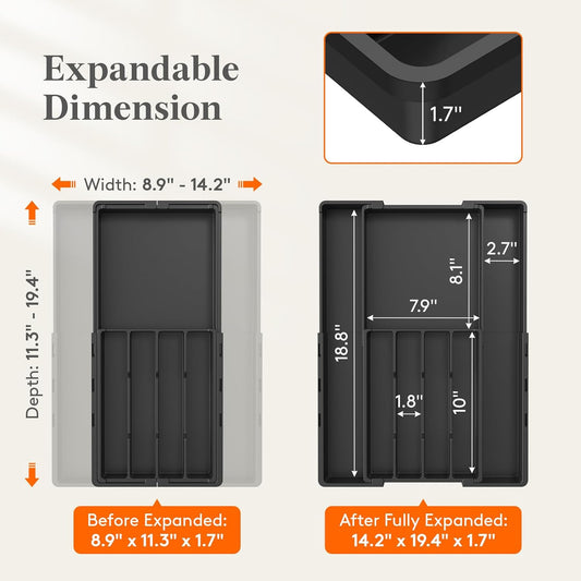 Silverware Drawer Organizer, Expandable BPA Free Utensil Tray for Kitchen, Adjustable Flatware and Cutlery Holder, Plastic Storage for Spoons Forks Knives, 8.9-14.2 x 11.3-19.4 x 1.7, Black