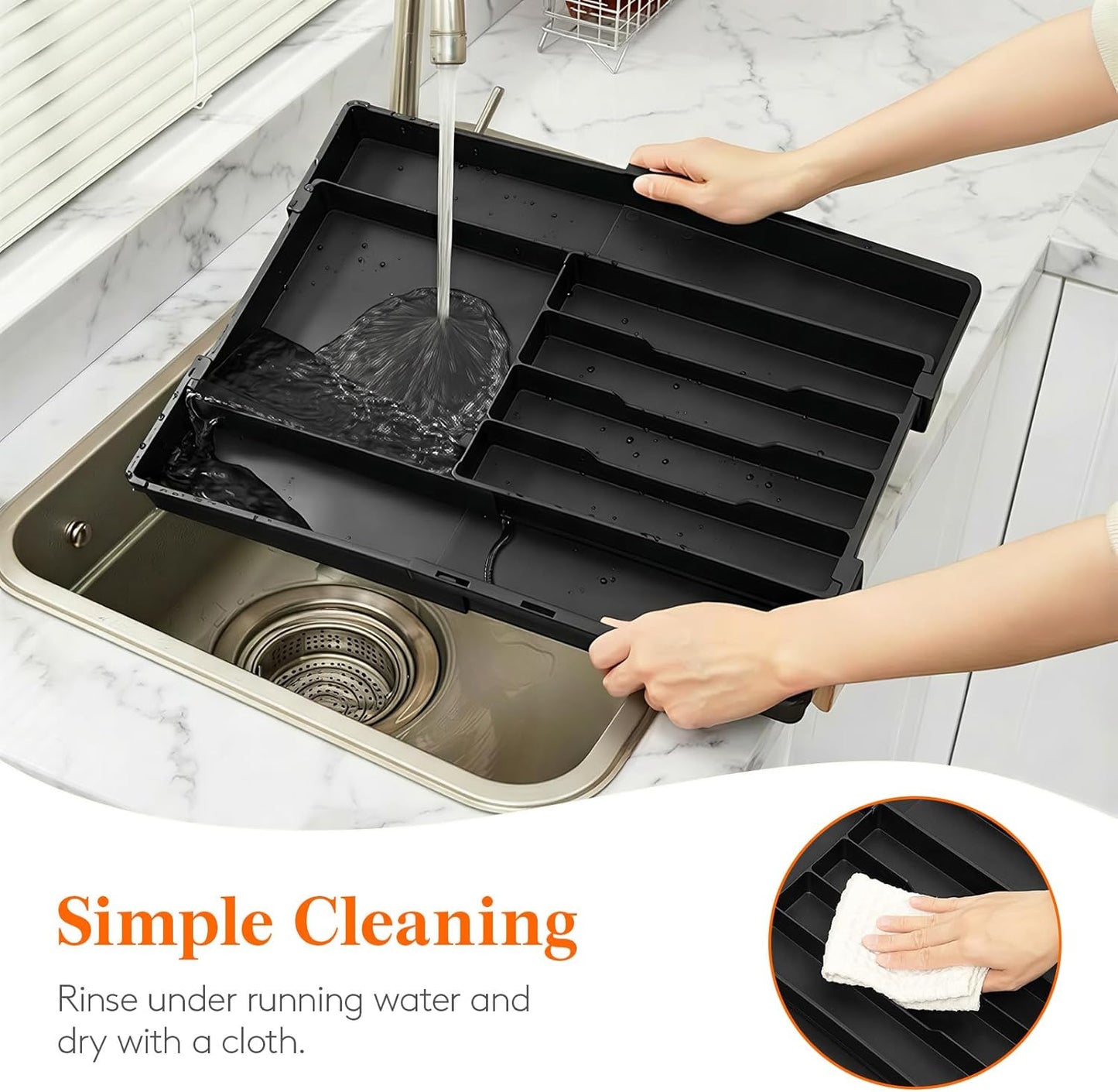 Silverware Drawer Organizer, Expandable BPA Free Utensil Tray for Kitchen, Adjustable Flatware and Cutlery Holder, Plastic Storage for Spoons Forks Knives, 8.9-14.2 x 11.3-19.4 x 1.7, Black