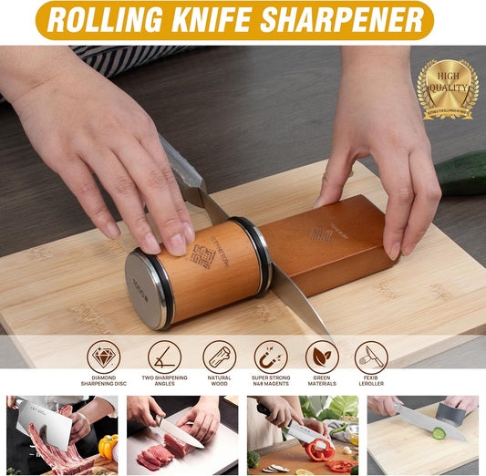 Rolling Knife Sharpener Kit for Kitchen - Multi Angle Tool with Magnetic Angle Guide (15°/20°) Diamond & Ceramic Discs, Knife Sharpening Kit having Finger Guard, Gloves & Travel Bag