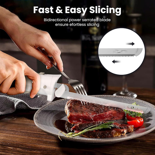 Cordless Electric Knife, Electric Bread Knife with 4 Stainless Steel Blades, Electric Cutting Knife for Cutting Meats, Poultry, Bread, Cheese & More (White)