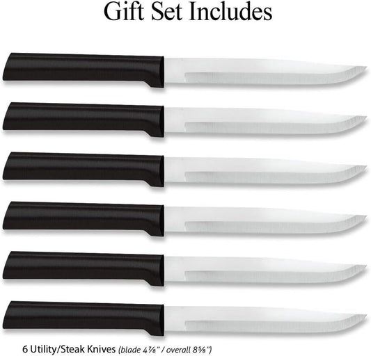 Six Utility/Steak Knife Sett (G206) + Sharpener, Black Handle | 6-Piece Knife Set with Quick Edge Sharpener (R119), Stainless Steel Blades, Black Resin Handle