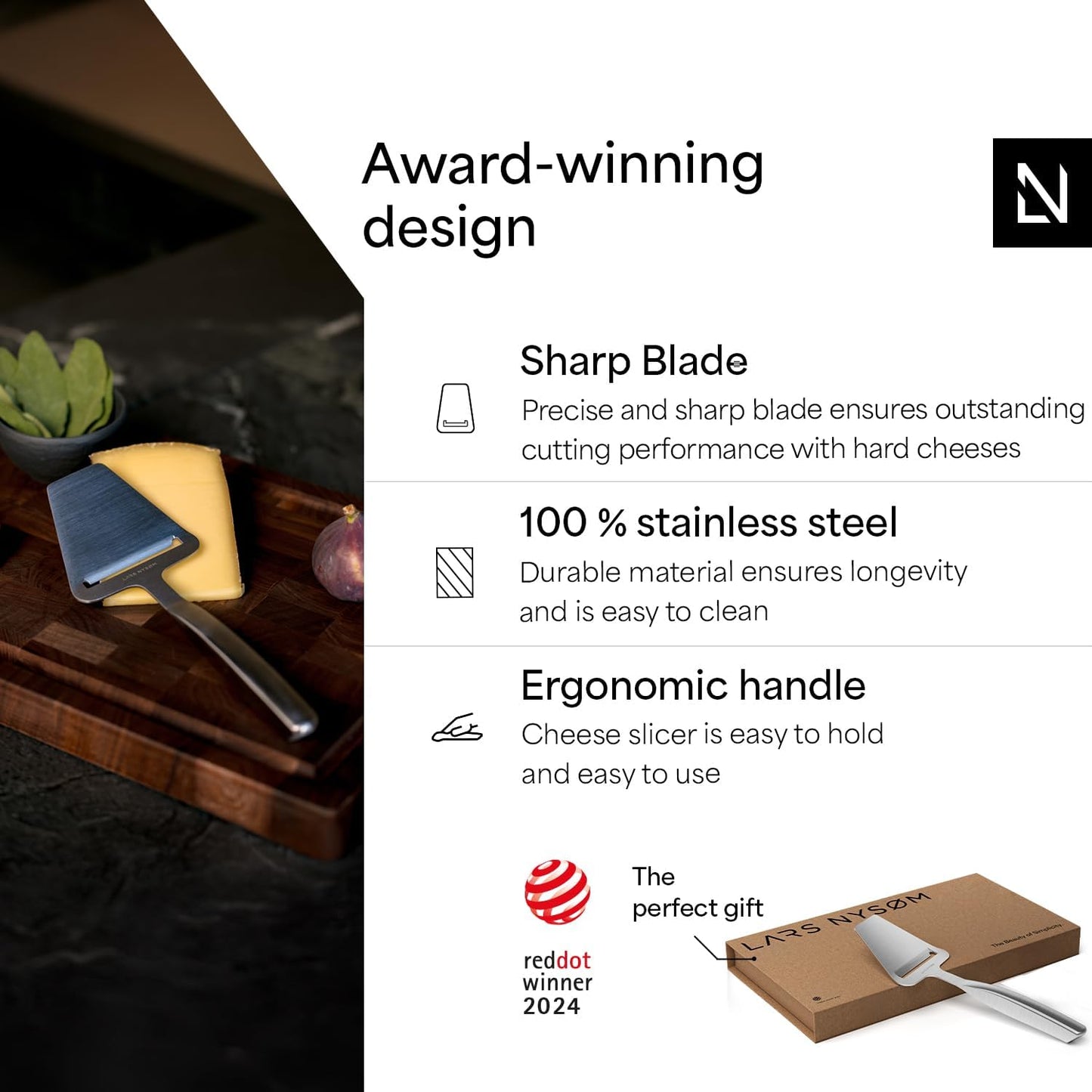 LARS NYSØM Cheese Knife Set Edge 2 pcs. I Cheese Knife Set Made of Stainless Steel I Premium Gift Box I Perfect as Christmas Gift (Stainless Steel)