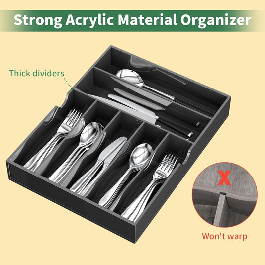 Acrylic Utensil Silverware Tray for Drawer, Cutlery Organizer, Black | Expandable Silverware Organizer for Flatware, 9 Compartments Adjustable Utensil Organizer,Clear Silverware Holder for Kitchen