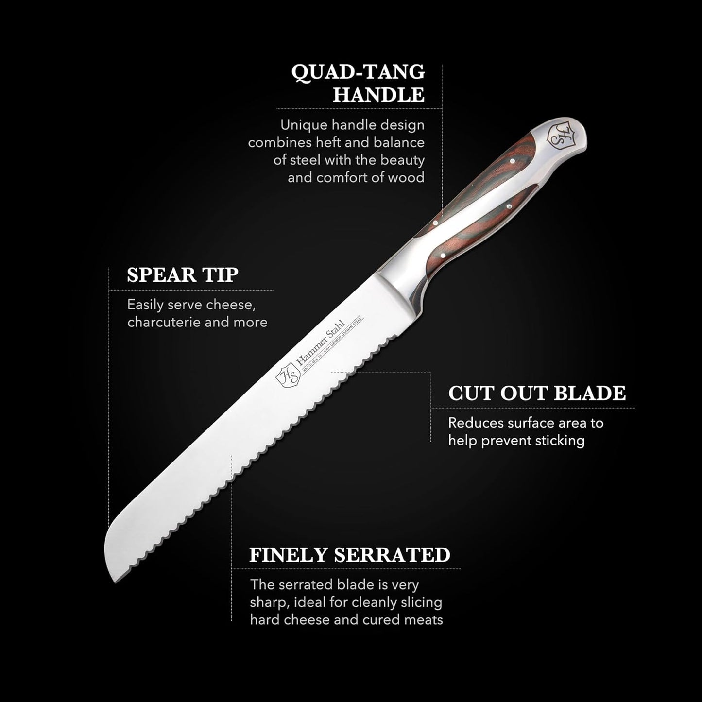 9-Inch Offset Bread Knife - Scallop Serrated Blade - High Carbon German Steel - Ergonomic Quad-Tang Pakkawood Handle