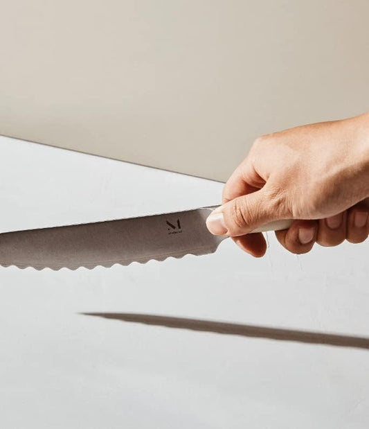 Serrated Bread Knife 6", Bread Knife for Homemade Bread, Serrated Kitchen Knife, Carbon Stainless Steel Santoku-Inspired Blade, Razor-Sharp addition to your Chef Knife Set, Almost Black