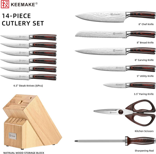 14-Piece Knife Set with Block,Ultra Sharp Knife Block Set High Carbon Stainless Steel Kitchen Knife Set Professional Chef Knife Set with Ergonomic Pakkawood Handle and Sharpener