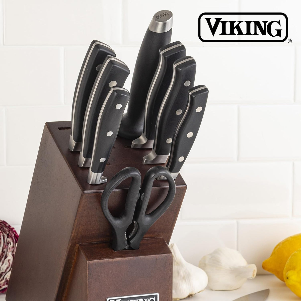17 Piece Kitchen Knife Set with Light Walnut Block, Cutlery Set with Stainless Steel Blades and Ergonomic Handles, Dishwasher Safe