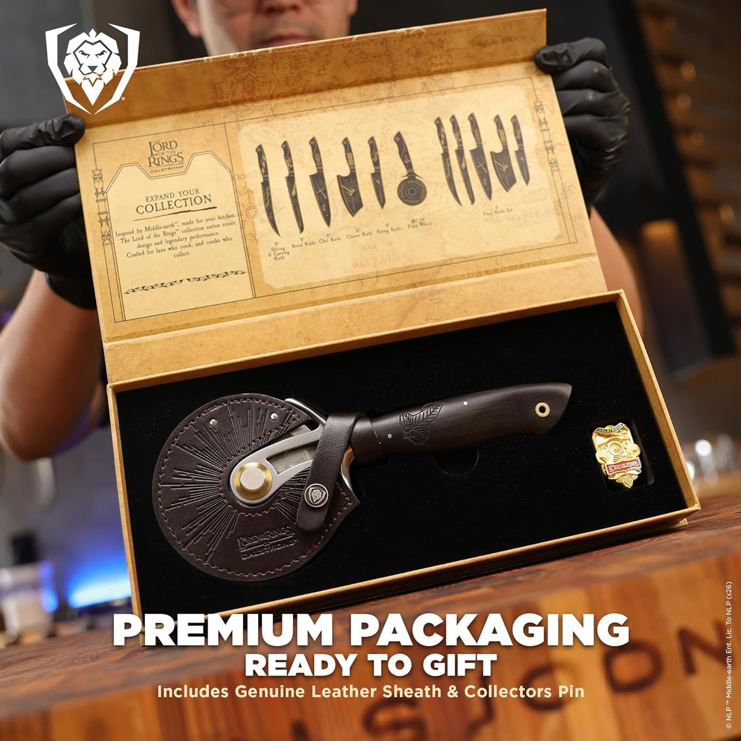 Chef Knife - 8 inch - Lord of the Rings™ Edition - Official Licensed Collection - Humans Aragorn - Premium German X50CRMOV15 Steel - Ebony Wood Handle - Leather Sheath