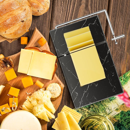 Marble Cheese Slicer with 5 Replacement Thick Cutting Wires, Black | Heavy-Duty 5"x8" Handheld Marble Board Cheese Slicer Cutter, Smoothly Cuts Block Cheese & Butter, Daily Kitchen Gadget