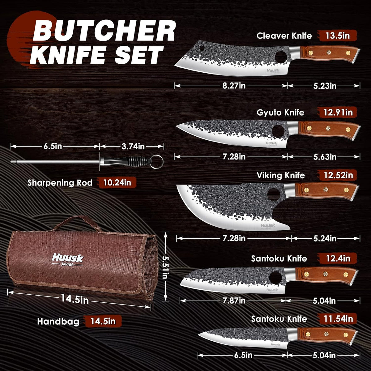 Huusk Kitchen Knife Set - Hand Forged Viking Chef Knives for Meat, Men Gift