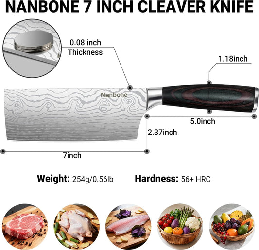 Nakiri Knife 7 Inch Sharp Meat Cleaver and Vegetable Kitchen Knife Damascus Asian Chef Knife for Home and Kitchen with Ergonomic Handle High Carbon Stainless Steel knife Chef Cooking Gift