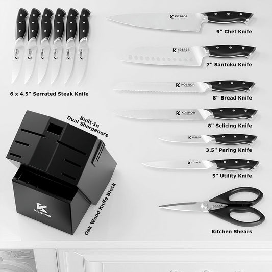 Kitchen Knife Set with Block: 15-Piece German Stainless Steel with Dual Sharpener for Beginners - Covers 95% Kitchen Tasks - Black Full-Tang Ergonomic Handle, Dishwasher Safe, Easy to Use