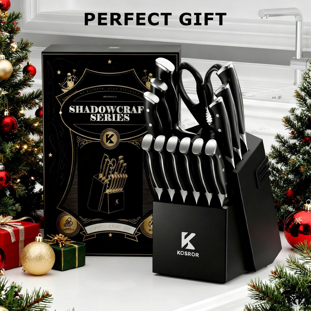 Kitchen Knife Set with Block: 15-Piece German Stainless Steel with Dual Sharpener for Beginners - Covers 95% Kitchen Tasks - Black Full-Tang Ergonomic Handle, Dishwasher Safe, Easy to Use